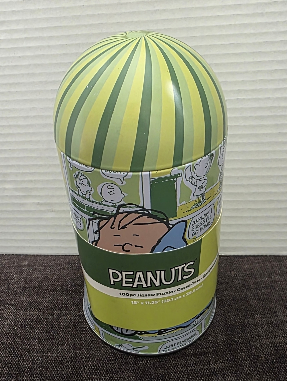 NIP Peanuts Green and Yellow Striped Dome Tin Canister W/100 Piece Jigsaw Puzzle